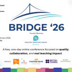 BRIDGE ’26 poster: free one-day online ELT conference by English-Speaking Union Romania, 7 February 2026, partnered with International House Bucharest Teacher Training Centre.