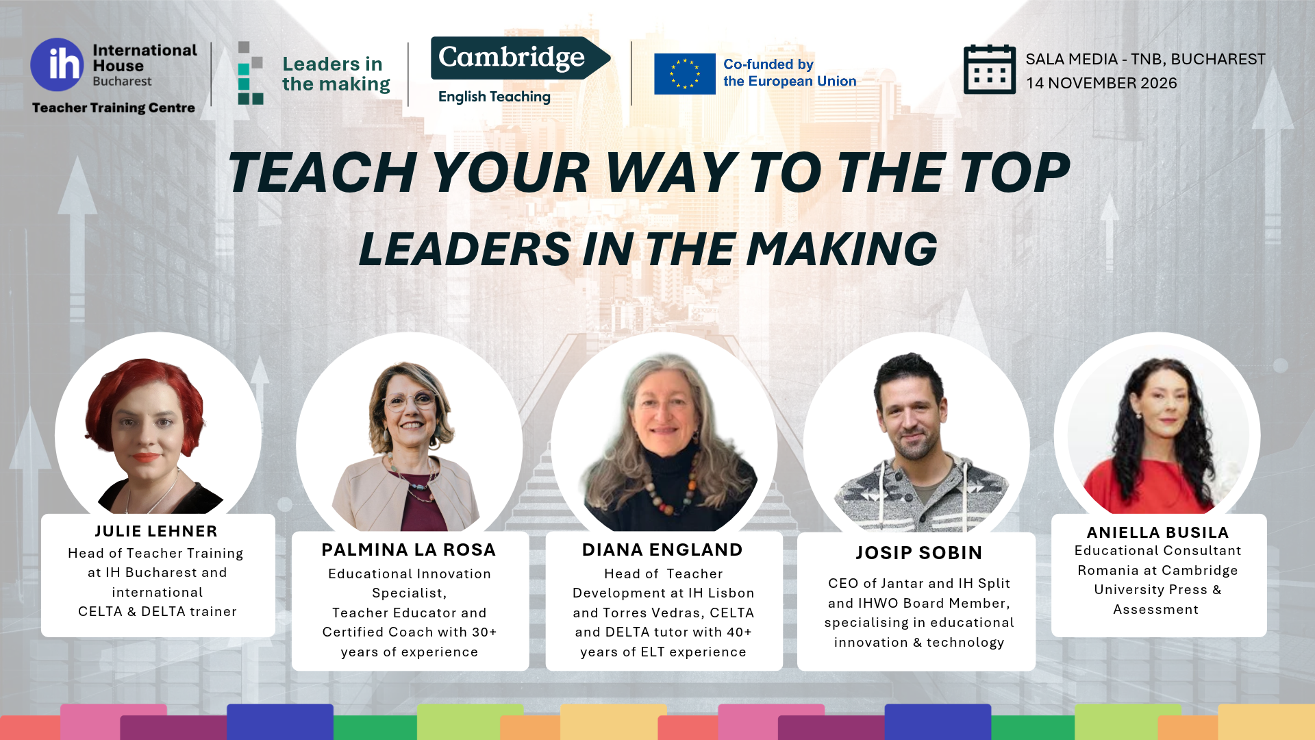 Teach Your Way to the Top teacher conference in Bucharest with speakers Julie Lehner, Palmina LaRosa, Diana England, Josip Sobin and Aniella Bușilă